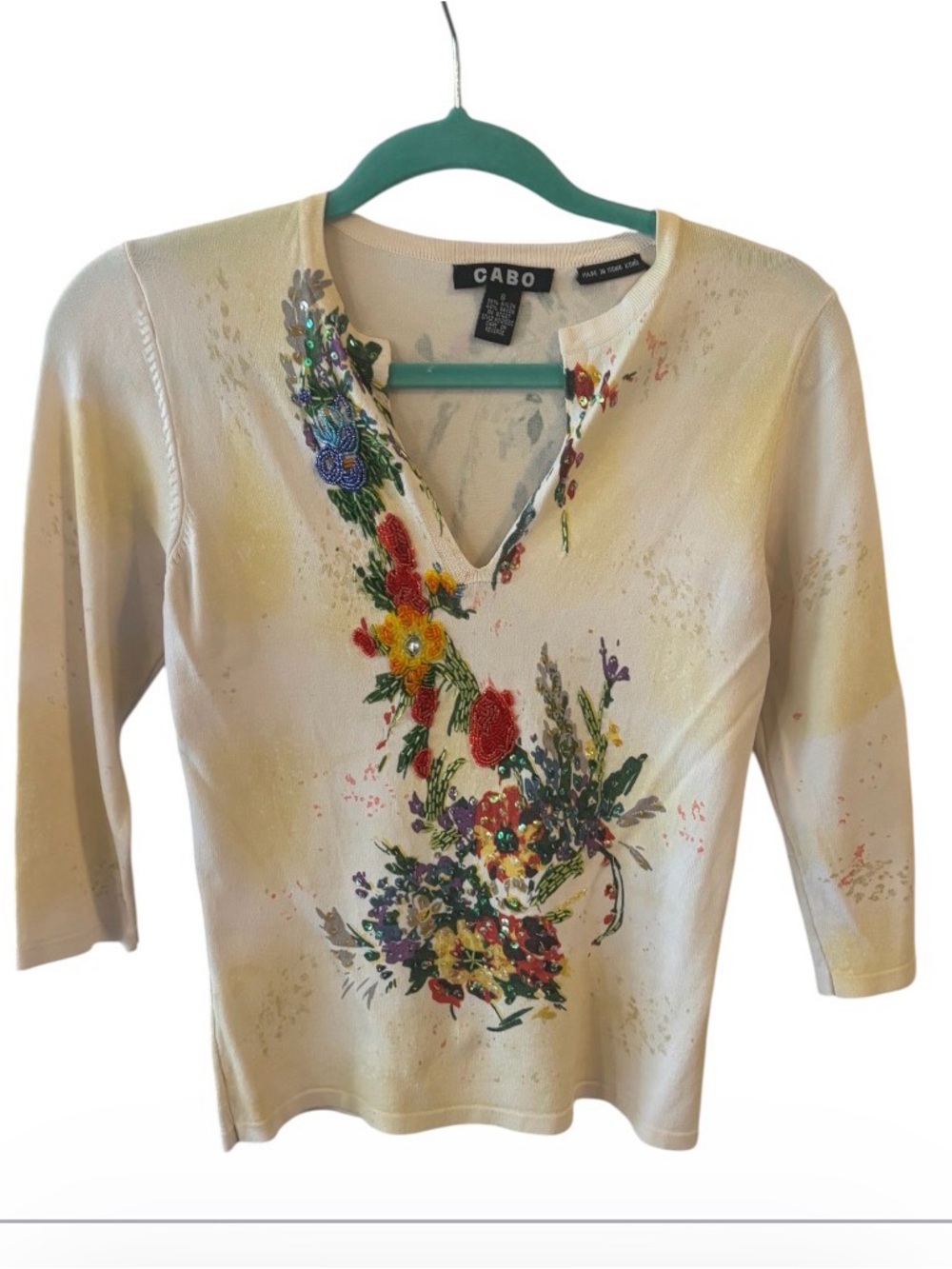 Vintage CABO Cream Floral Embellished V‑Neck Top